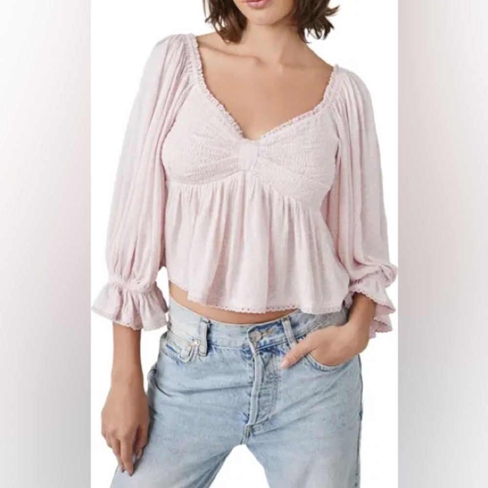 Free People Brittnee Print Smocked Back Peplum Top – Pink,‎ Size XL